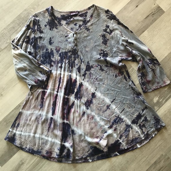 Tie Dyed Embroidered Tunic Long Line 3/4 sleeve boho hippie festival 2XL - Picture 1 of 9